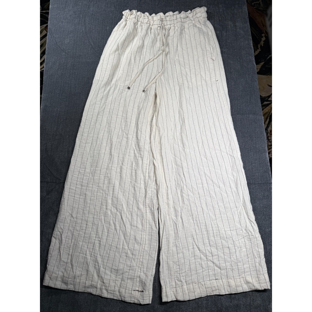 Max Studio London Pants Womens Medium White Striped Drawstring Waist Wide Leg